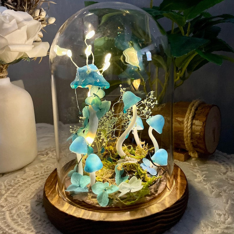 Blue Mushroom Night Light Glass & Wooden Base 15cm Handcrafted Decorative Lamp