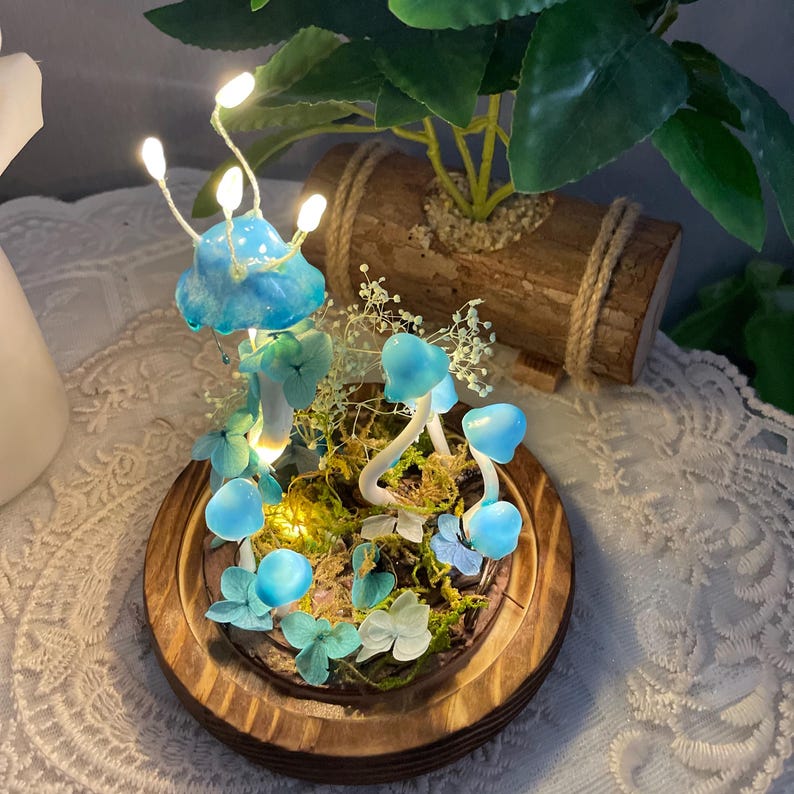 Blue Mushroom Night Light Glass & Wooden Base 15cm Handcrafted Decorative Lamp