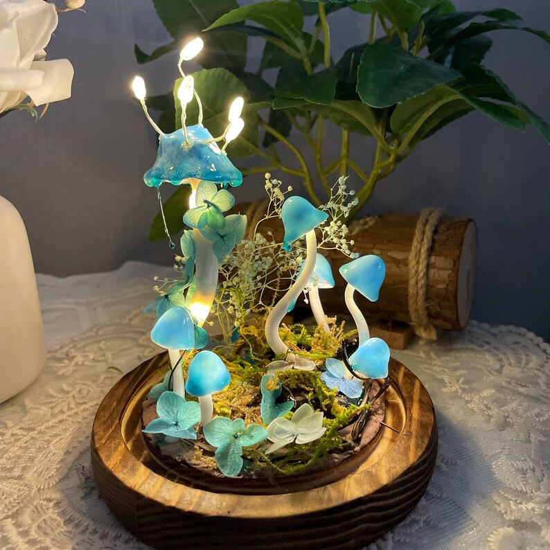 Blue Mushroom Night Light Glass & Wooden Base 15cm Handcrafted Decorative Lamp