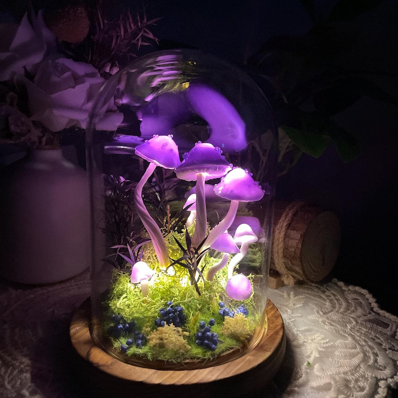 Purple Glass Mushroom Night Light with Wooden Base, Battery or USB Powered, 15 cm Fantasy Forest Lamp for Bedroom
