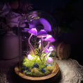 Purple Glass Mushroom Night Light with Wooden Base, Battery or USB Powered, 15 cm Fantasy Forest Lamp for Bedroom