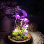 Purple Glass Mushroom Night Light with Wooden Base, Battery or USB Powered, 15 cm Fantasy Forest Lamp for Bedroom