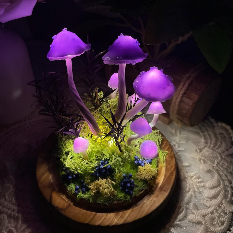 Purple Glass Mushroom Night Light with Wooden Base, Battery or USB Powered, 15 cm Fantasy Forest Lamp for Bedroom