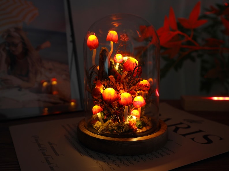 Red Mushroom Lamp with Gradient Orange Yellow Glow, LED Night Light for Bedroom and Home Decor