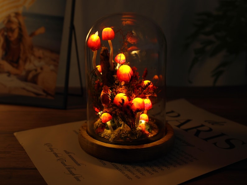 Red Mushroom Lamp with Gradient Orange Yellow Glow, LED Night Light for Bedroom and Home Decor