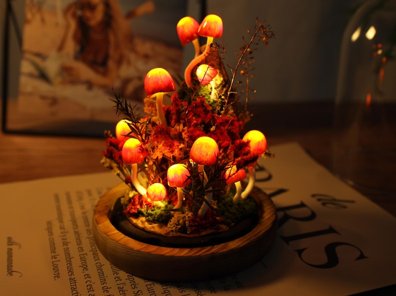 Red Mushroom Lamp with Gradient Orange Yellow Glow, LED Night Light for Bedroom and Home Decor