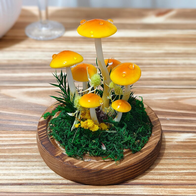 LED Mushroom Lamp with Dried Flowers & Wooden Base, 12cm Diameter, 17.5cm Height, Battery or USB Powered