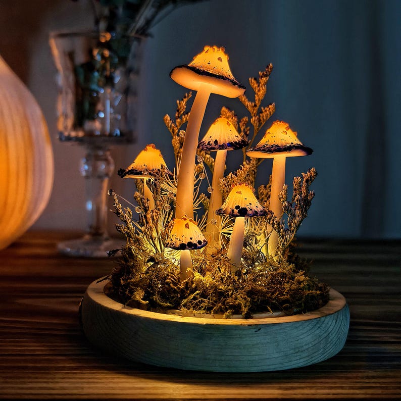 LED Mushroom Night Light with Dried Flowers and Wooden Base, 12cm Diameter, 17.5cm Height, Handmade Bedside Lamp