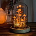 LED Mushroom Night Light with Dried Flowers and Wooden Base, 12cm Diameter, 17.5cm Height, Handmade Bedside Lamp