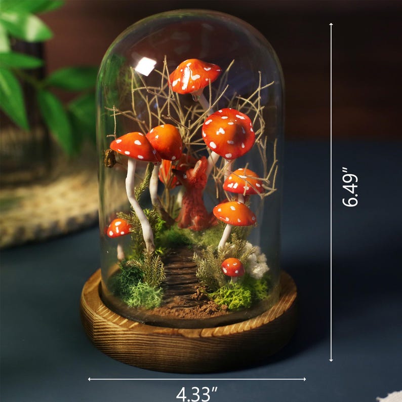 Red Mushroom and Fox Night Light with Moss and White Dots, Wood Glass LED Decorative Lamp, 4.33 x 4.33 x 6.49 in