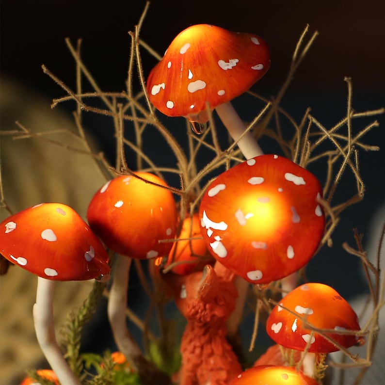 Red Mushroom and Fox Night Light with Moss and White Dots, Wood Glass LED Decorative Lamp, 4.33 x 4.33 x 6.49 in