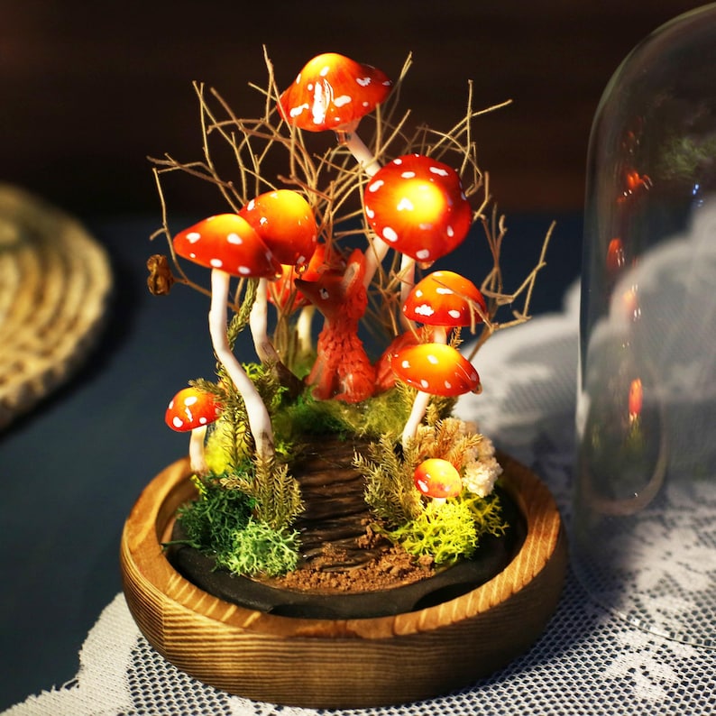 Red Mushroom and Fox Night Light with Moss and White Dots, Wood Glass LED Decorative Lamp, 4.33 x 4.33 x 6.49 in