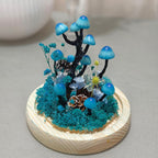 Handmade Mushroom Lamp with LED Light, Dried Flowers and Wooden Base, Blue, 12cm Diameter, 17.5cm Height