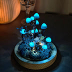 Handmade Mushroom Lamp with LED Light, Dried Flowers and Wooden Base, Blue, 12cm Diameter, 17.5cm Height