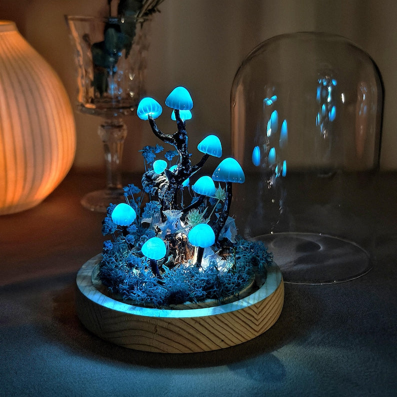 Handmade Mushroom Lamp with LED Light, Dried Flowers and Wooden Base, Blue, 12cm Diameter, 17.5cm Height