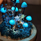 Handmade Mushroom Lamp with LED Light, Dried Flowers and Wooden Base, Blue, 12cm Diameter, 17.5cm Height