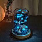 Handmade Mushroom Lamp with LED Light, Dried Flowers and Wooden Base, Blue, 12cm Diameter, 17.5cm Height