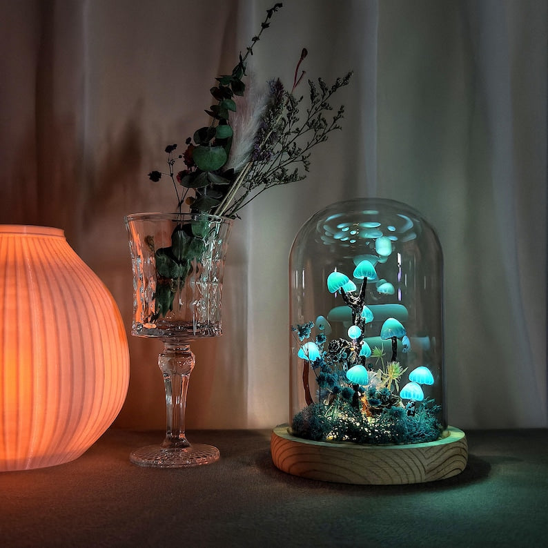 Handmade Mushroom Lamp with LED Light, Dried Flowers and Wooden Base, Blue, 12cm Diameter, 17.5cm Height
