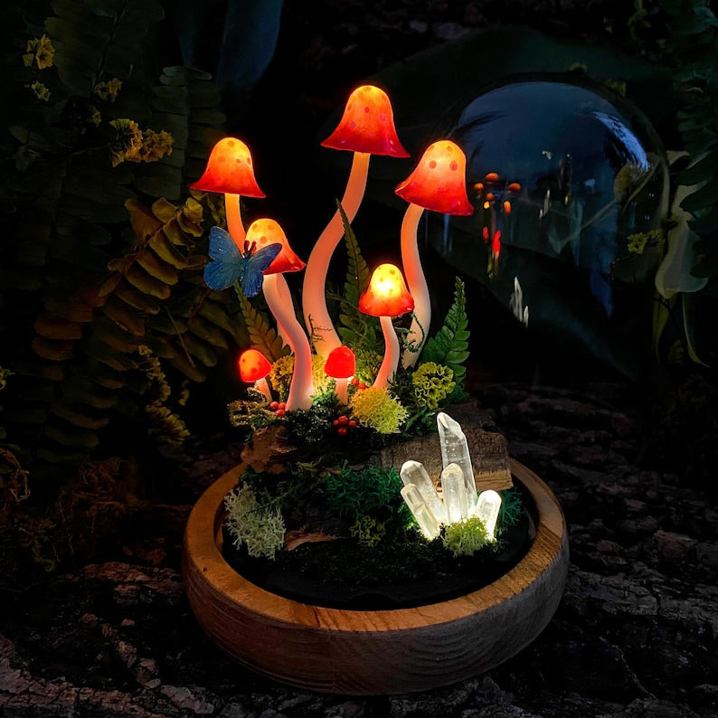 Red Mushroom Night Light with Glass Dome, Wooden Base, LED Glowing Crystals, Forest Home Decor
