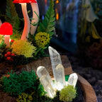 Red Mushroom Night Light with Glass Dome, Wooden Base, LED Glowing Crystals, Forest Home Decor