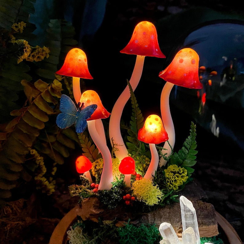Red Mushroom Night Light with Glass Dome, Wooden Base, LED Glowing Crystals, Forest Home Decor
