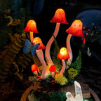 Red Mushroom Night Light with Glass Dome, Wooden Base, LED Glowing Crystals, Forest Home Decor