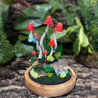 Red Mushroom Night Light with Glass Dome, Wooden Base, LED Glowing Crystals, Forest Home Decor