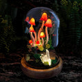 Red Mushroom Night Light with Glass Dome, Wooden Base, LED Glowing Crystals, Forest Home Decor
