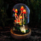 Red Mushroom Night Light with Glass Dome, Wooden Base, LED Glowing Crystals, Forest Home Decor