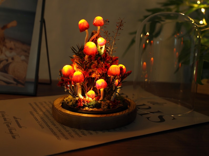 Red Mushroom Lamp with Gradient Orange Yellow Glow, LED Night Light for Bedroom and Home Decor