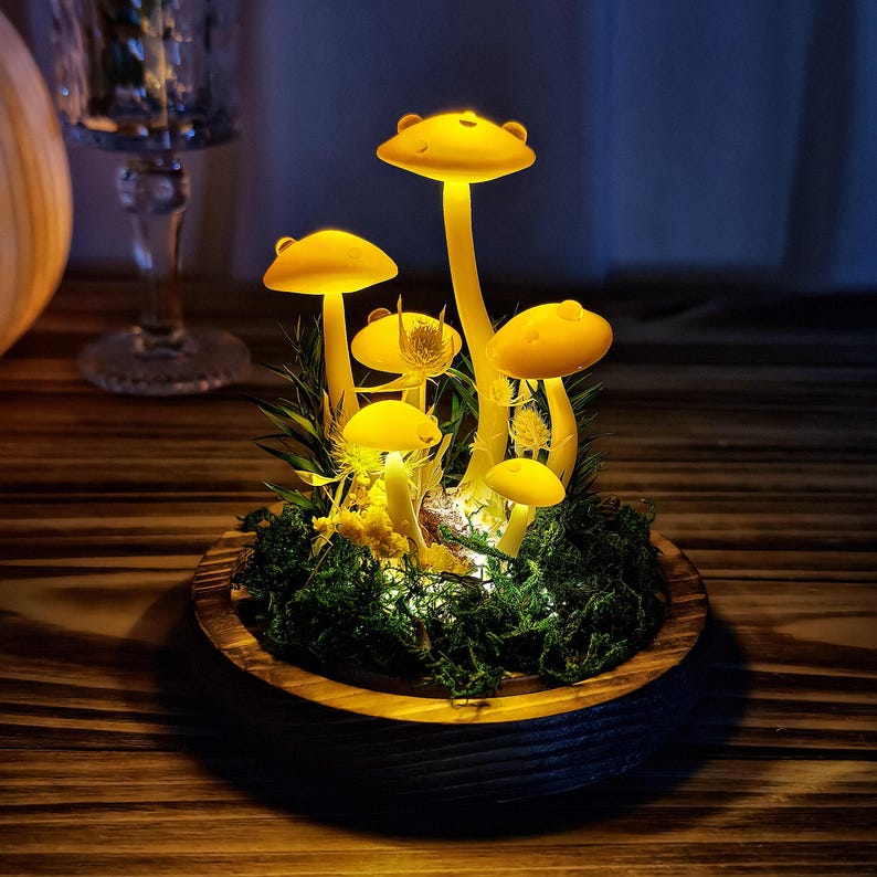 LED Mushroom Lamp with Dried Flowers & Wooden Base, 12cm Diameter, 17.5cm Height, Battery or USB Powered