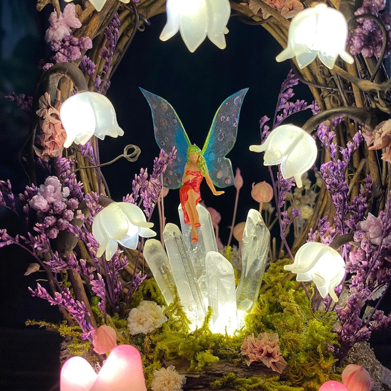 Lily of the Valley Night Light with Glowing Crystals and Fairy, Mushroom Lamp, Wooden Base, Glass Dome, Battery or USB Powered