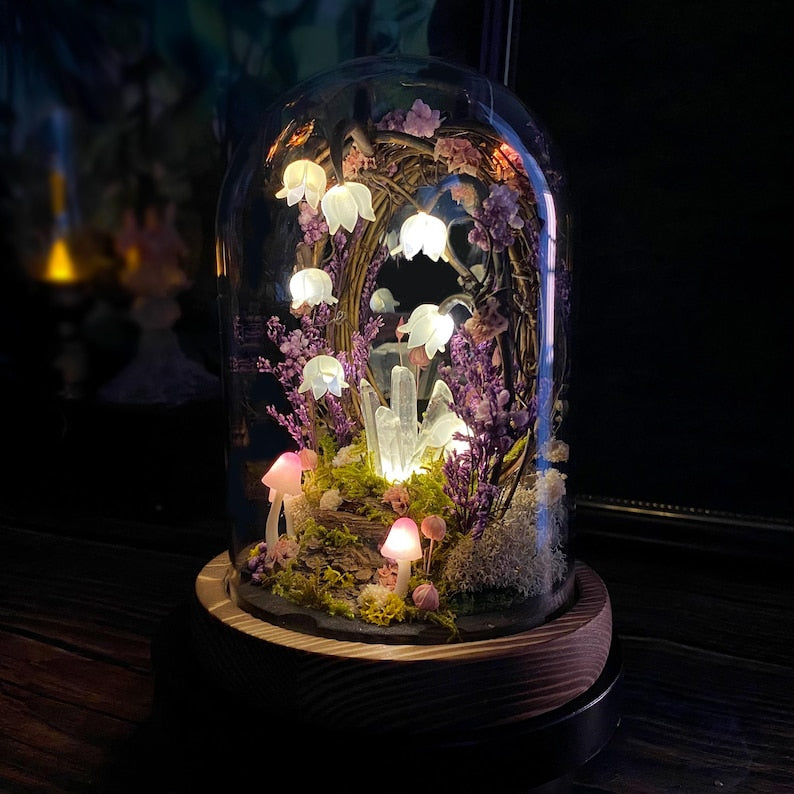 Lily of the Valley Night Light with Glowing Crystals and Fairy, Mushroom Lamp, Wooden Base, Glass Dome, Battery or USB Powered