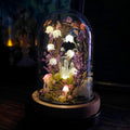 Lily of the Valley Night Light with Glowing Crystals and Fairy, Mushroom Lamp, Wooden Base, Glass Dome, Battery or USB Powered