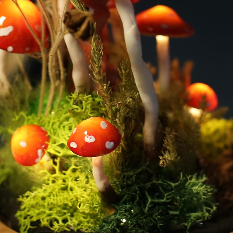 Red Mushroom and Fox Night Light with Moss and White Dots, Wood Glass LED Decorative Lamp, 4.33 x 4.33 x 6.49 in