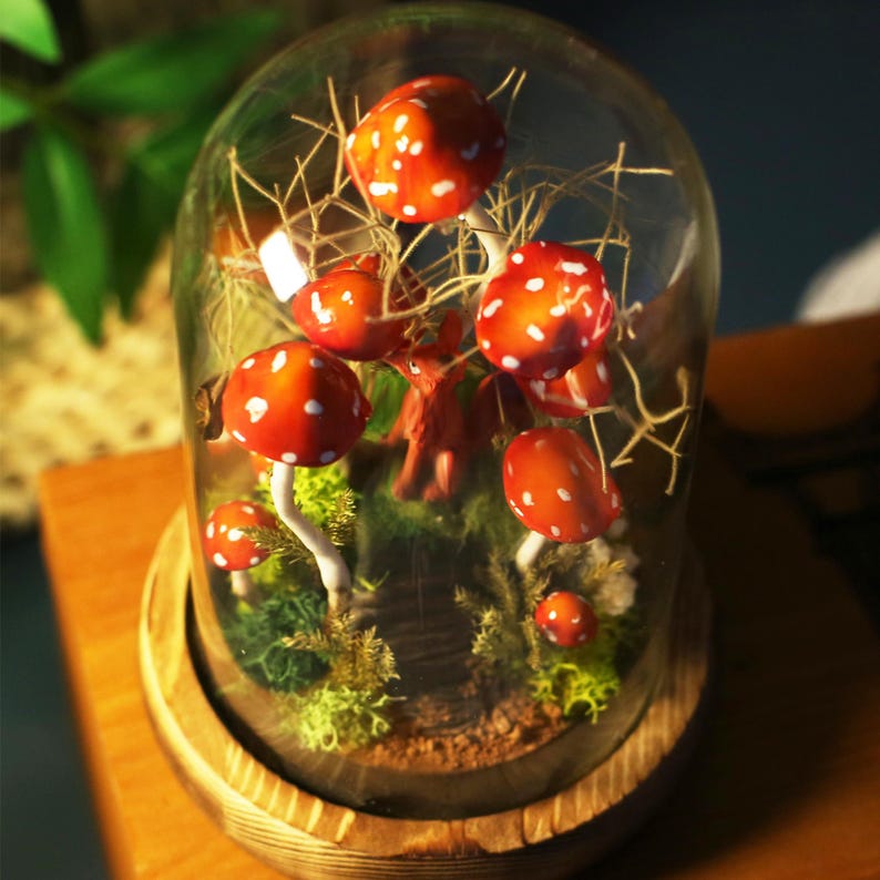 Red Mushroom and Fox Night Light with Moss and White Dots, Wood Glass LED Decorative Lamp, 4.33 x 4.33 x 6.49 in