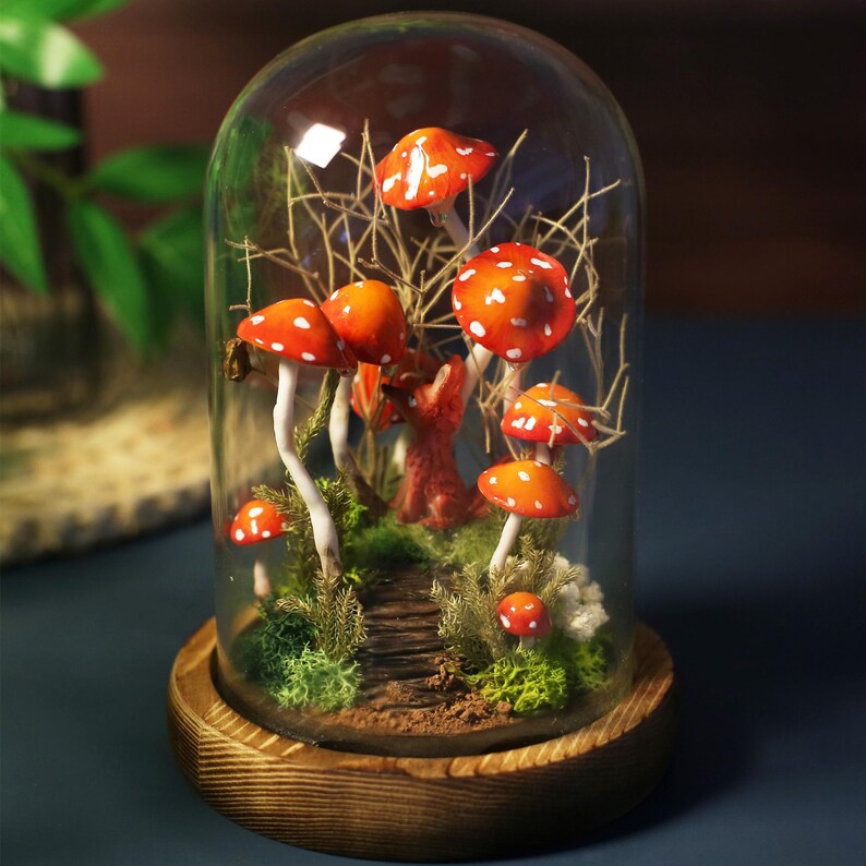 Red Mushroom and Fox Night Light with Moss and White Dots, Wood Glass LED Decorative Lamp, 4.33 x 4.33 x 6.49 in