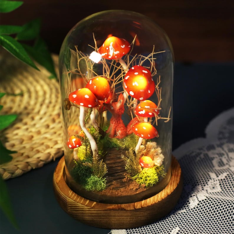 Red Mushroom and Fox Night Light with Moss and White Dots, Wood Glass LED Decorative Lamp, 4.33 x 4.33 x 6.49 in