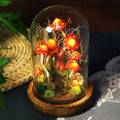 Red Mushroom and Fox Night Light with Moss and White Dots, Wood Glass LED Decorative Lamp, 4.33 x 4.33 x 6.49 in