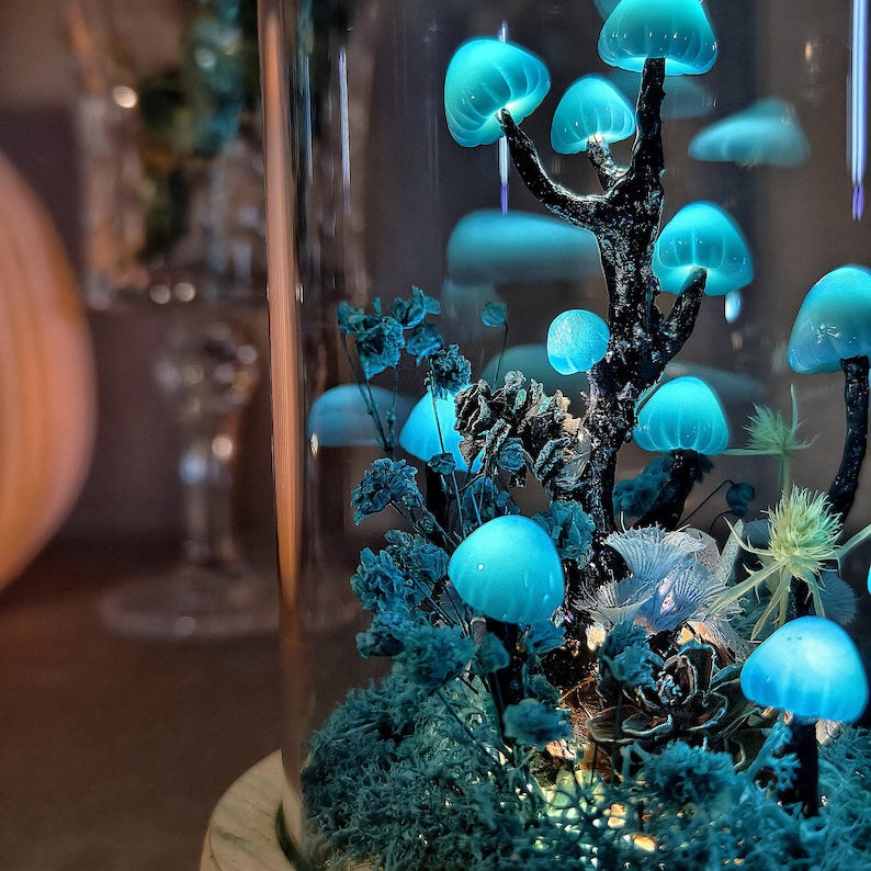 Handmade Mushroom Lamp with LED Light, Dried Flowers and Wooden Base, Blue, 12cm Diameter, 17.5cm Height