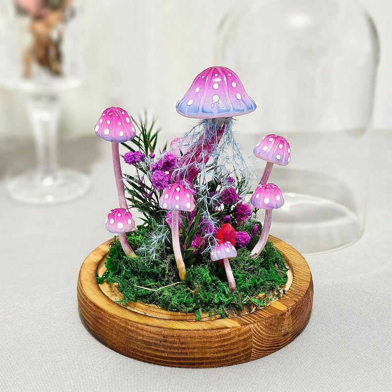 Pink Handmade Mushroom Lamp with LED Light, Dried Flowers & Wooden Base, 12cm Diameter, 17.5cm Height, Whimsigoth Decor