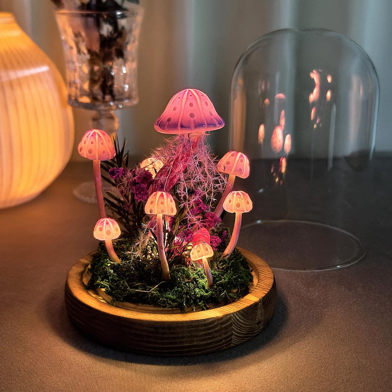 Pink Handmade Mushroom Lamp with LED Light, Dried Flowers & Wooden Base, 12cm Diameter, 17.5cm Height, Whimsigoth Decor