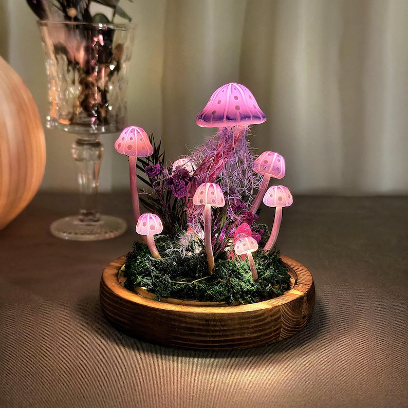 Pink Handmade Mushroom Lamp with LED Light, Dried Flowers & Wooden Base, 12cm Diameter, 17.5cm Height, Whimsigoth Decor