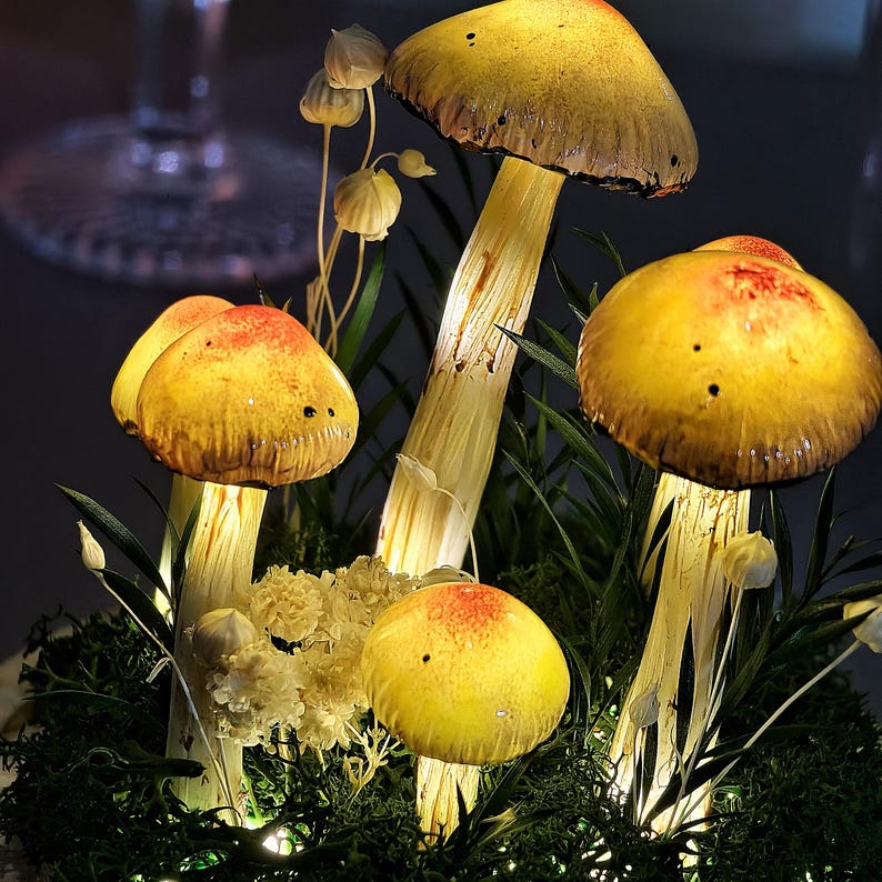 LED Mushroom Lamp with Dried Flowers and Wooden Base, 12cm Diameter, 17.5cm Height, Battery or USB Powered