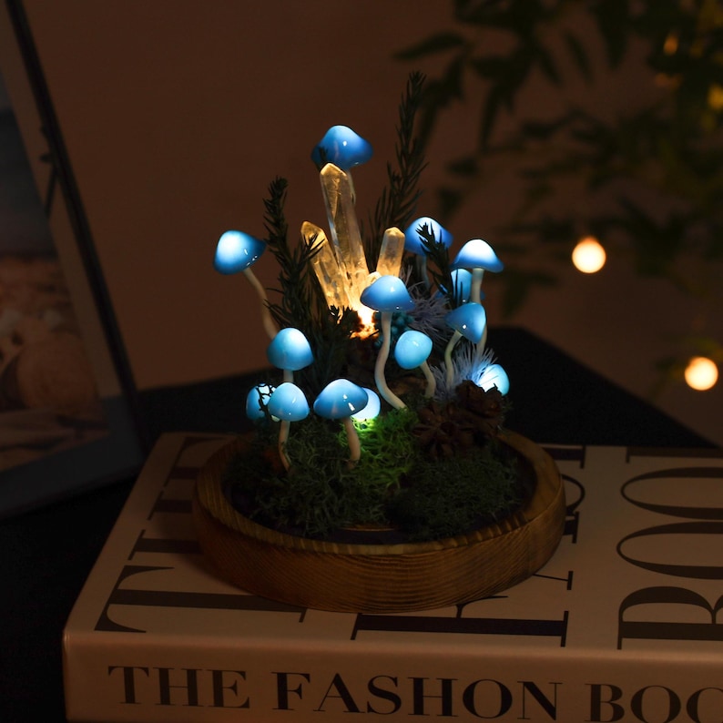 Blue Mushroom Lamp with Glowing Crystal Pillar, LED Night Light, 17 cm, Battery or USB Powered