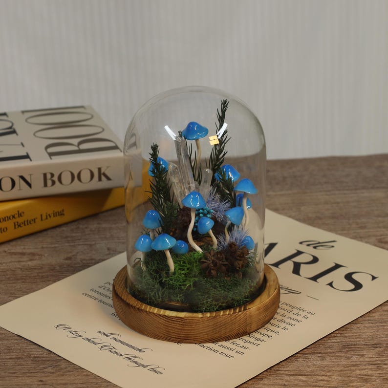 Blue Mushroom Lamp with Glowing Crystal Pillar, LED Night Light, 17 cm, Battery or USB Powered