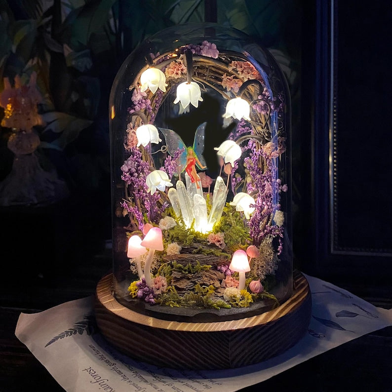 Lily of the Valley Night Light with Glowing Crystals and Fairy, Mushroom Lamp, Wooden Base, Glass Dome, Battery or USB Powered