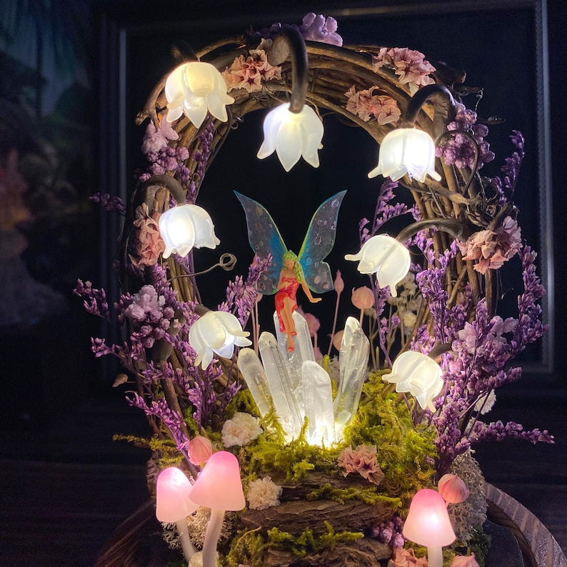 Lily of the Valley Night Light with Glowing Crystals and Fairy, Mushroom Lamp, Wooden Base, Glass Dome, Battery or USB Powered