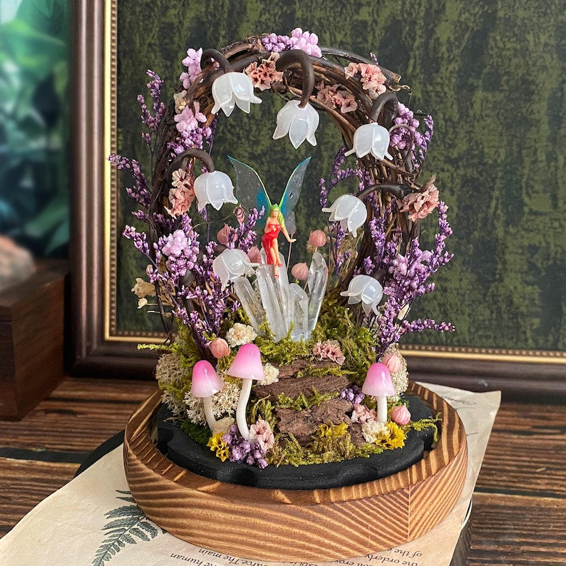Lily of the Valley Night Light with Glowing Crystals and Fairy, Mushroom Lamp, Wooden Base, Glass Dome, Battery or USB Powered