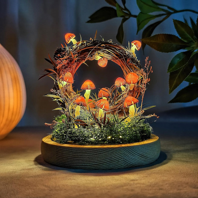 Handmade Mushroom Lamp LED Night Light with Dried Flowers Moss Wooden Base 12cm Diameter 17.5cm Height